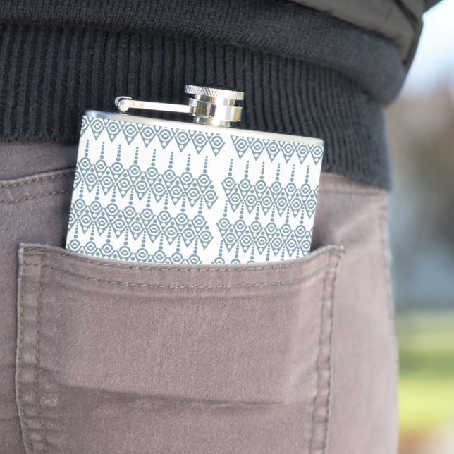 a blue and white pattern with a white background hip flask (In Situ)
