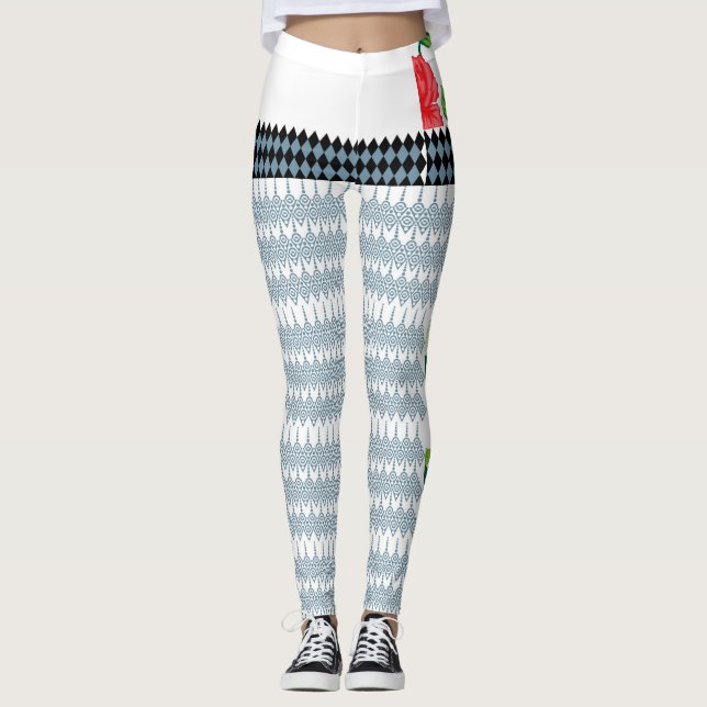 a blue and white pattern with a white background leggings (Front)