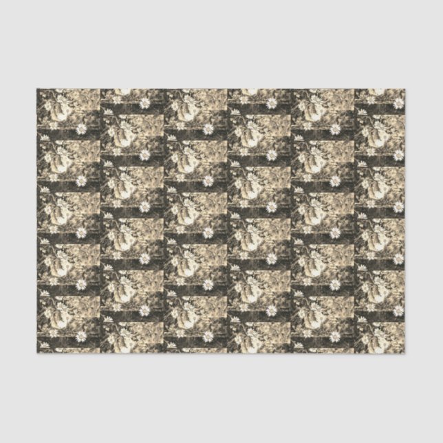 A blue and white pot of wild daisies on a shelf ti tissue paper (Front)