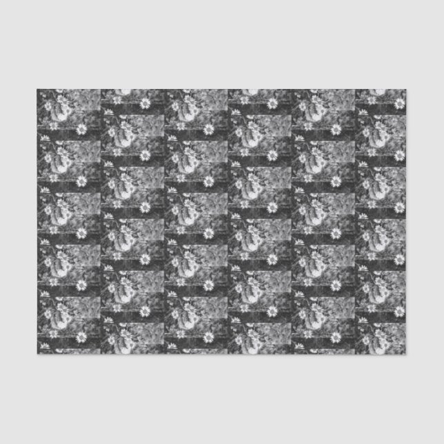 A blue and white pot of wild daisies on a shelf ti tissue paper (Front)