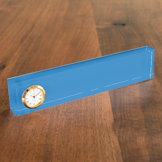 a blue background with a black and white clock nameplate (Side)