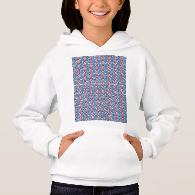a blue background with red and white designs (Front)