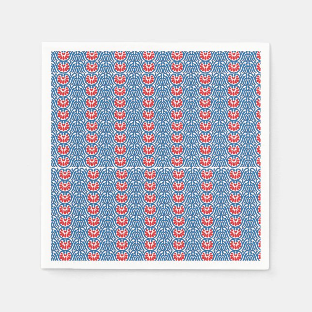 a blue background with red and white designs napkin (Front)