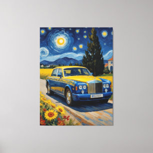 a blue car on a road with sunflowers and a house canvas print