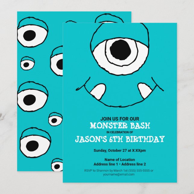 A Blue Monster Bash! Cute Monster Party Invites (Front/Back)