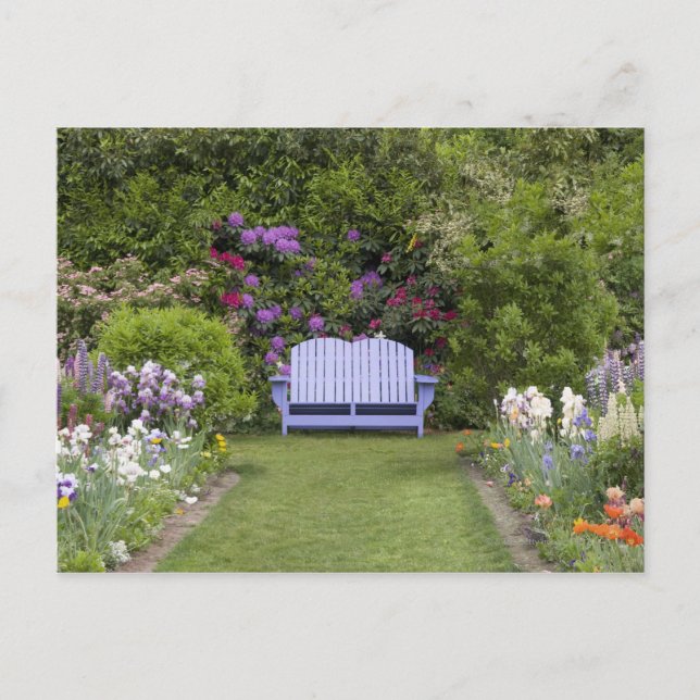 A blue seat welcomes you to a colourful spring postcard (Front)