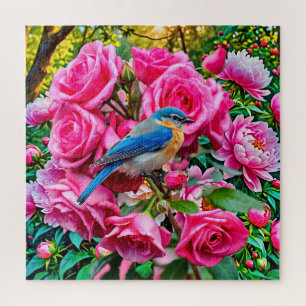 A bluebird atop roses jigsaw puzzle