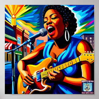 A Blues Woman Guitarist on the street Poster