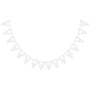 A bold red flower illustration on a white backdrop bunting flags