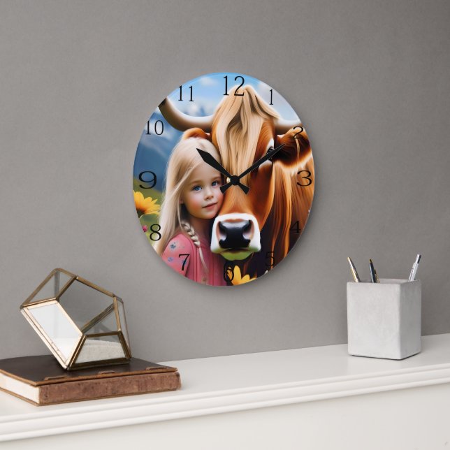 **"A Bond of the Highlands: A Child and Her Cow"** Large Clock (Office)