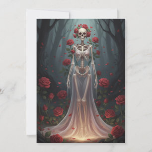 A bony girl wears a wedding dress in a forest.  invitation