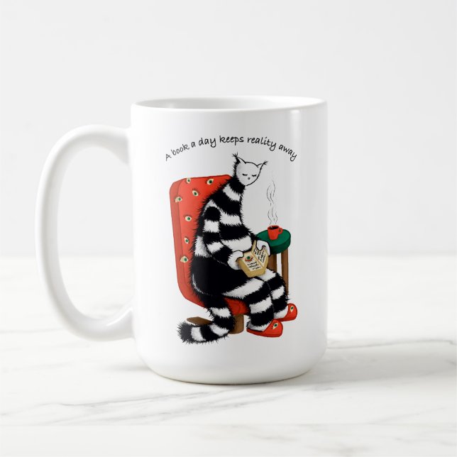 A Book A Day Keeps Reality Away - Reading Cat Art Coffee Mug (Left)