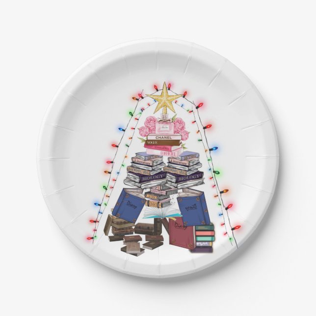 A book Christmas tree and lights for readers Paper Plate (Front)