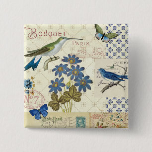 A Bouquet of Blue Flowers, Birds and Butterflies 2 Inch Square Button