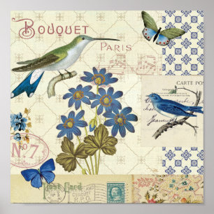 A Bouquet of Blue Flowers, Birds and Butterflies Poster
