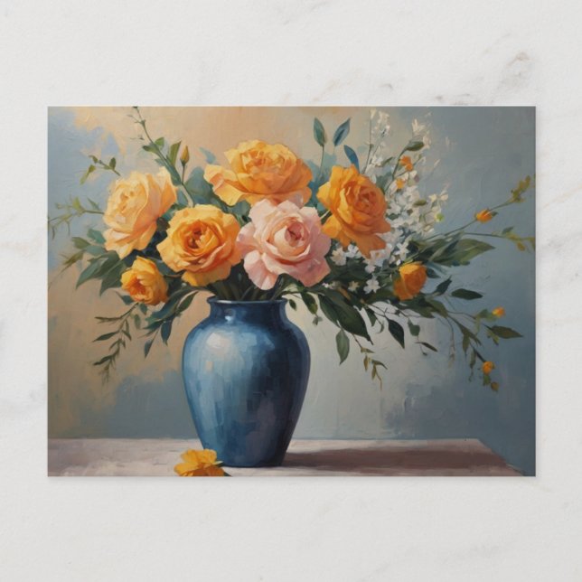 A bouquet of flowers in a blue vase postcard (Front)