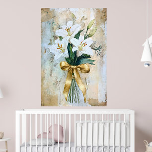 A bouquet of white lilies tied with a gold ribbon. poster