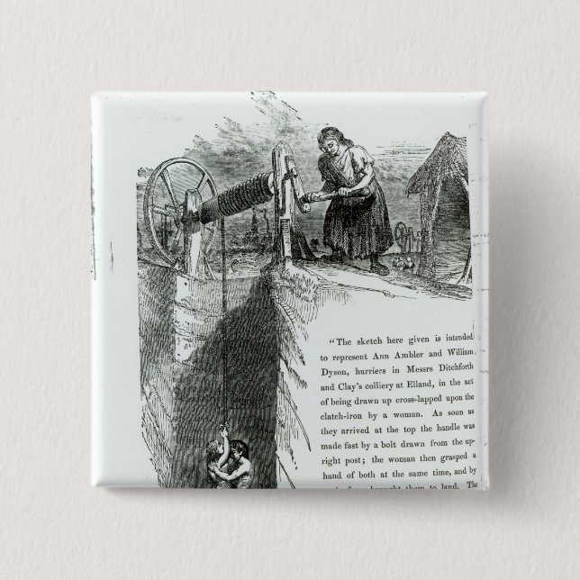 A boy and girl being wound up a mine shaft 2 inch square button (Front)
