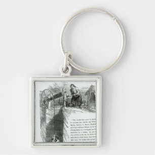 A boy and girl being wound up a mine shaft keychain