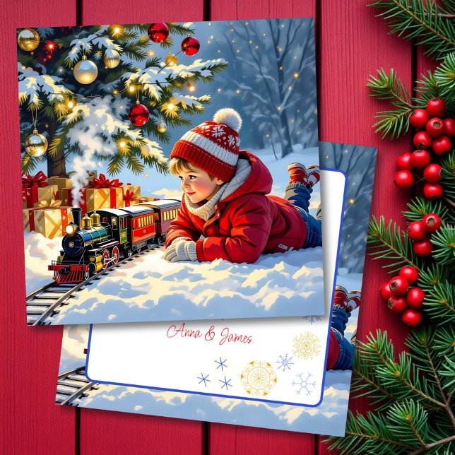 A Boy and his Christmas Train Old-Fashioned Card (Creator Uploaded)