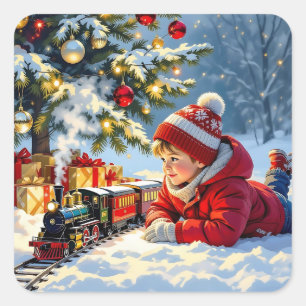 A Boy and his Christmas Train Old-Fashioned Square Sticker