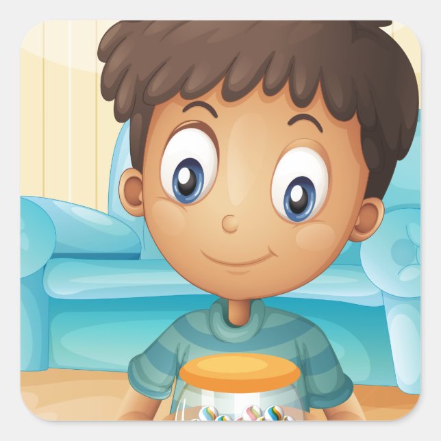 A boy inside the house with a jar of candies square sticker (Front)