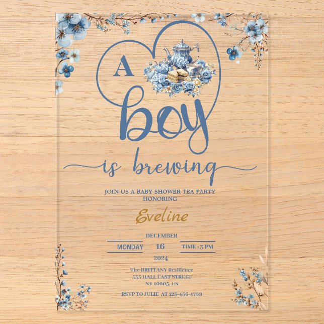  a Boy Is Brewing Tea Party Blossom Baby Shower  Acrylic Invitations (Front)