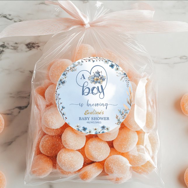 A Boy Is Brewing Tea Party Boy Baby Shower Blue Classic Round Sticker (charming vintage blue teapot filled with soft watercolor florals, this design also includes eucalypt)