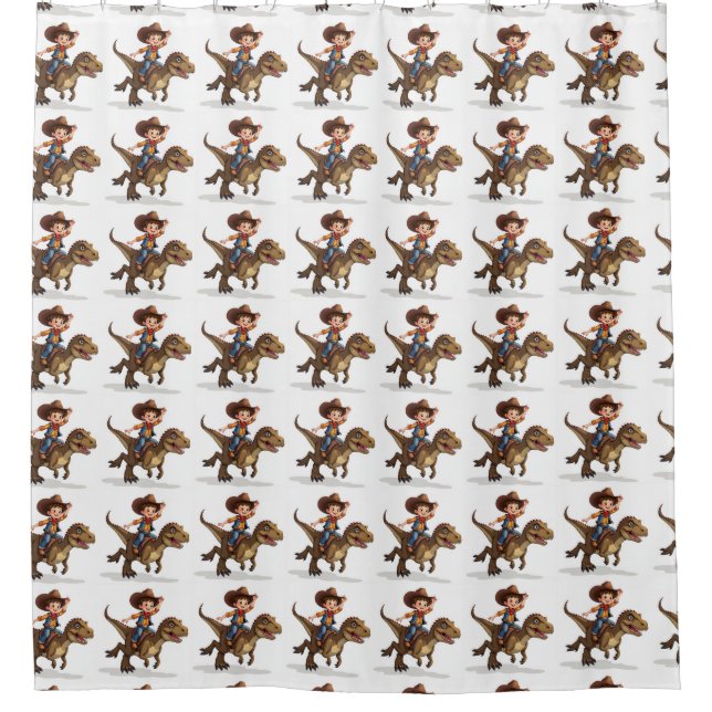 A boy riding a T-Rex shower curtain (Front)