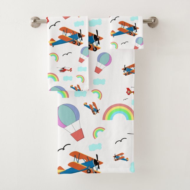 A Boys Flying Pattern on White Bath Towel Set (Insitu)