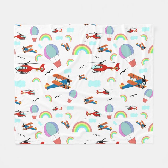 A Boys Flying Pattern on White Fleece Blanket (Front (Horizontal))
