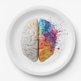A brain divided between logical and creative sides paper plate