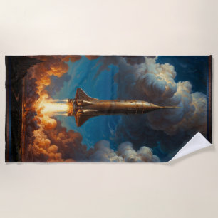 A Breathtaking Retro Fusion Rocket Launch Beach Towel