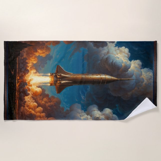 A Breathtaking Retro Fusion Rocket Launch Beach Towel (Front)