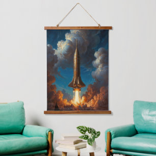 A Breathtaking Retro Fusion Rocket Launch Hanging Tapestry
