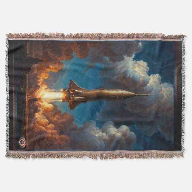 A Breathtaking Retro Fusion Rocket Launch Throw Blanket (Front)