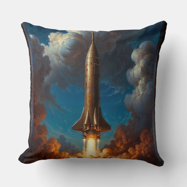 A Breathtaking Retro Fusion Rocket Launch Throw Pillow (Front)