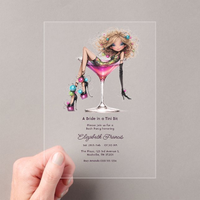 A Bride in a Tini Bit Glam Martini Bachelorette Acrylic Invitations (Insitu (Handheld))