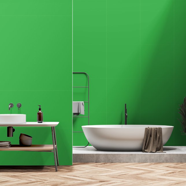 A bright green screen set against a clean white ba wallpaper (Bathroom)