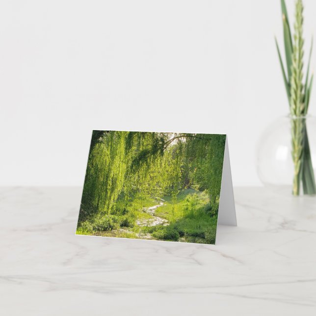 A brilliant green creekside willow tree and grass thank you card (Front)