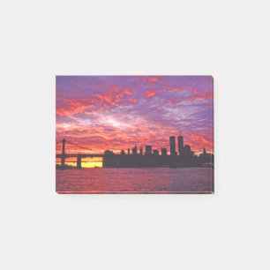 A Brilliant Sunset, Silhouette Of Lower Manhattan. Post-it Notes
