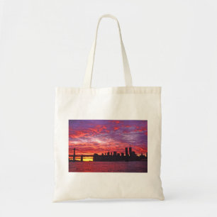 A Brilliant Sunset, Silhouette Of Lower Manhattan. Tote Bag