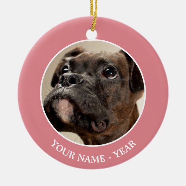 A Brindle Boxer puppy looking up curiously. Ceramic Ornament (Front)