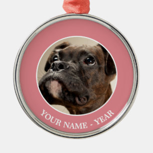 A Brindle Boxer puppy looking up curiously. Metal Ornament