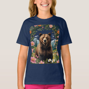 A Brown Bear With Meadow Flora And Mountains T-Shirt