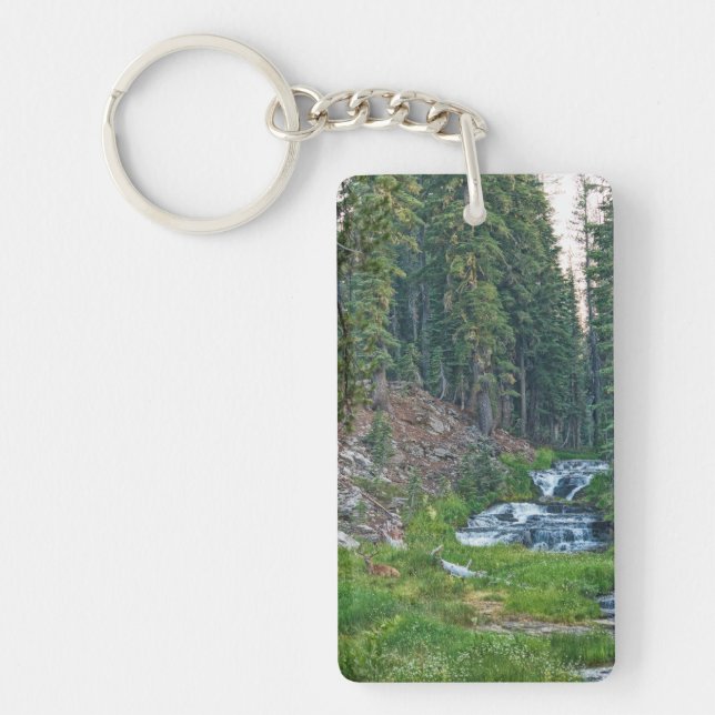 A Buck Rests at a Cascading River Keychain (Front)