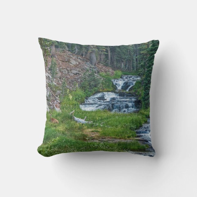 A Buck Rests at a Cascading River Throw Pillow (Front)