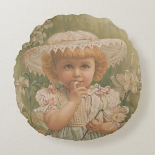"A Budding Easter" Vintage Illustration, ca. 1890 Round Pillow