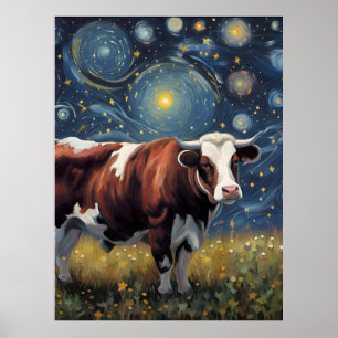 A Bull in The Starry Night Poster
