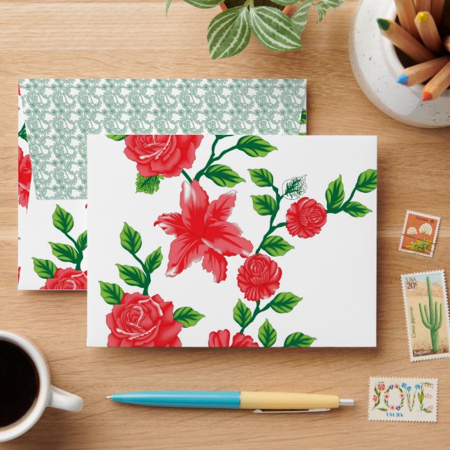 a bunch of red flowers on a white background envelope (Desk)